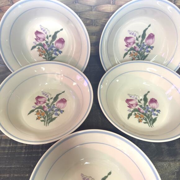 Vintage Kitchen Pink Tulip 6 7/8" Stoneware Dinner Bowls Set Of 5 - Picture 4 of 6